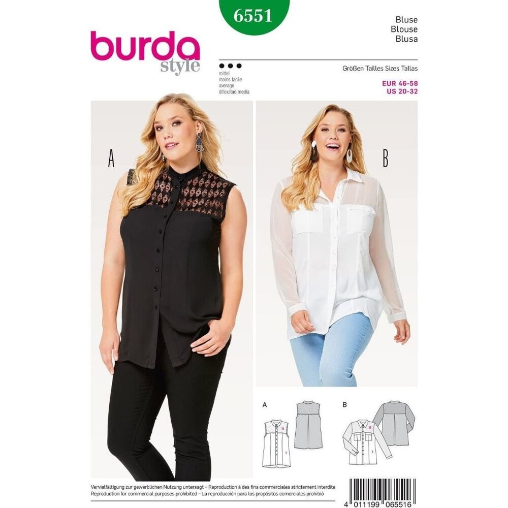 Burda Sewing Pattern 6551 Blouse Misses‎ Size 20-32